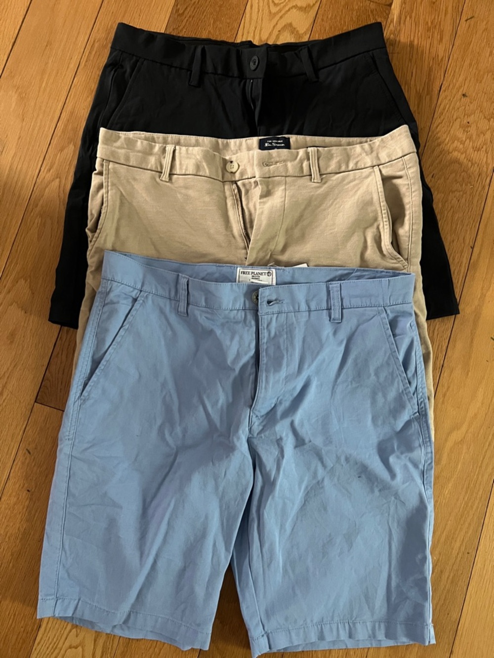 Free Planet Men's Light Blue Chino Shorts with Tan and Black Pairing